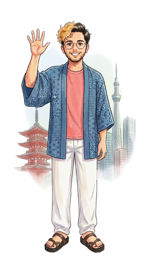 Illustrated portrait of Tanishk Sharma waving